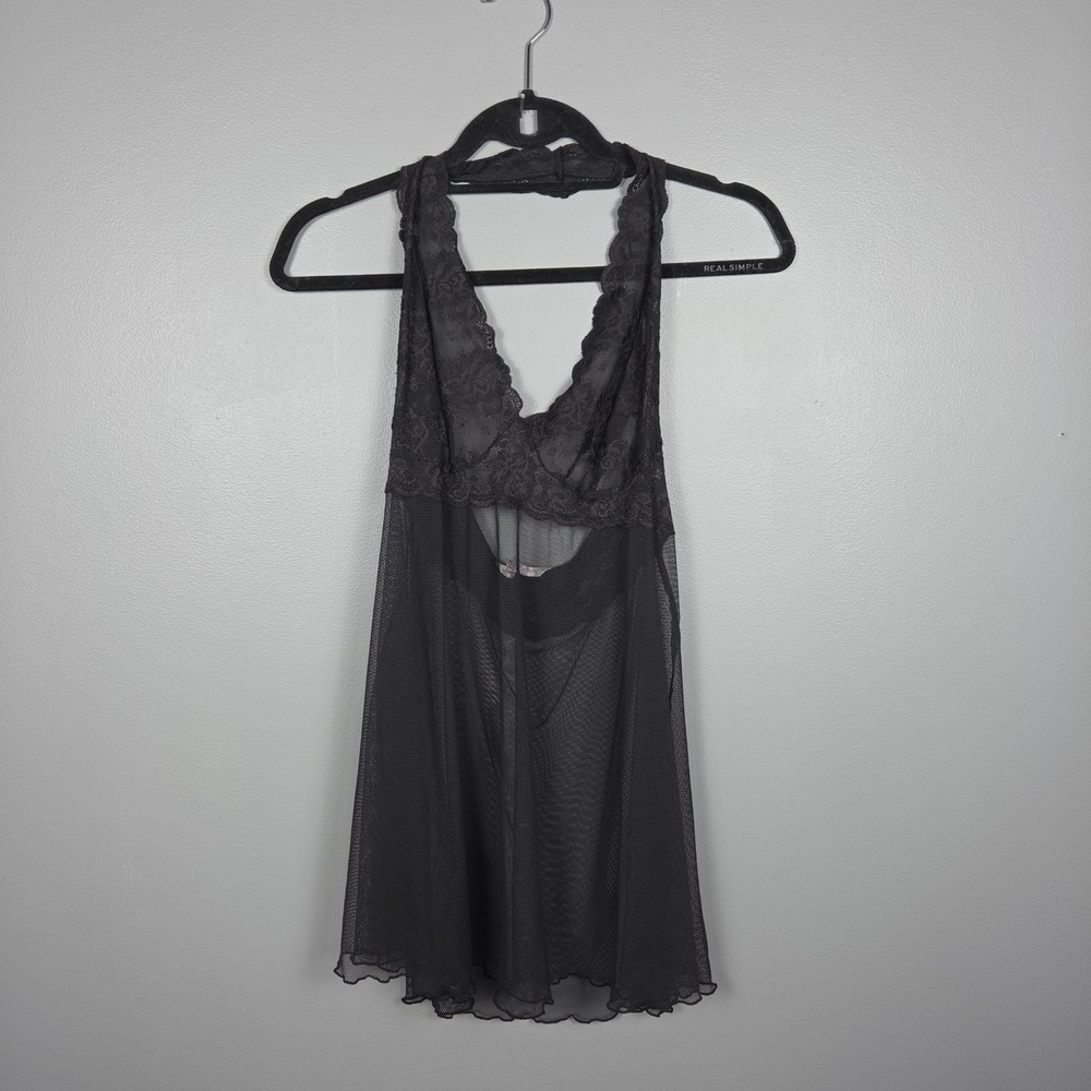 Victoria's Secret Black Lace Sheer Mesh Halter Babydoll Lingerie M Y2K 2005